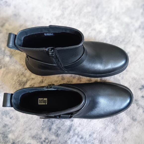 FitFlop F-Mode Folded-Knot Leather Flatform Chelsea Boots Black Size 10 - Picture 5 of 11